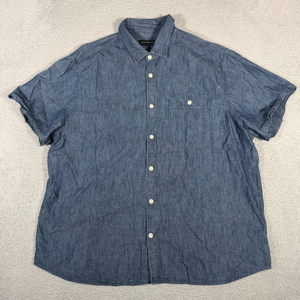 Banana Republic Shirt Mens 2XL Blue Denim Button Up Linen Blend Pocket Standard